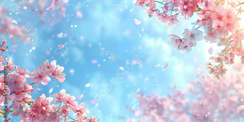 pink blossoms falling from the  sky  on blue sky background, pink cherry blossoms wallpaper banner, empty space background  © Planetz