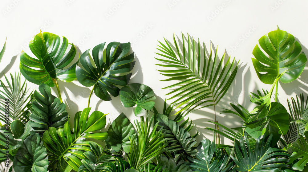 banner with a realistic, high-definition pattern of tropical leaves, including detailed views of monstera and palm leaves banner with a realistic, high-definition pattern of tropical leaves, including detailed views of monstera and palm leaves