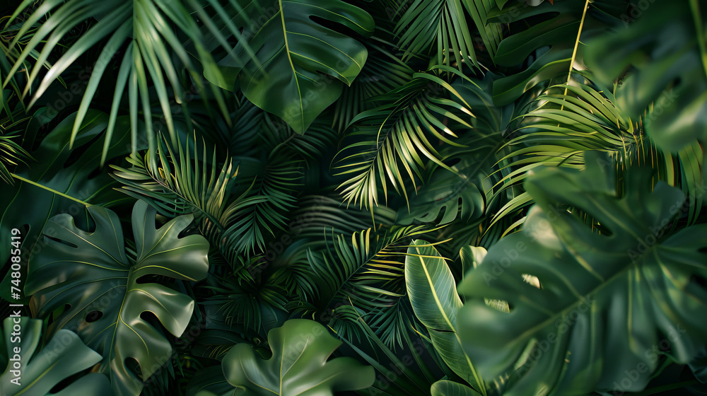 banner with a realistic, high-definition pattern of tropical leaves, including detailed views of monstera and palm leaves banner with a realistic, high-definition pattern of tropical leaves, including detailed views of monstera and palm leaves