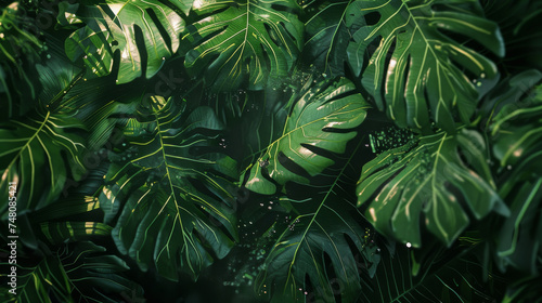 banner with a realistic  high-definition pattern of tropical leaves  including detailed views of monstera and palm leaves