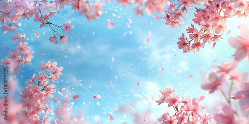 pink blossoms falling from the  sky  on blue sky background  pink cherry blossoms wallpaper banner  empty space background 