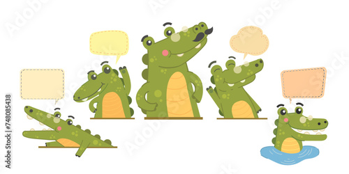 crocodile cartoon with speech bubble, Good,cute,sassy,cool,friendly crocodiles,vector isolated, crocodile cartoon set with speech bubble.