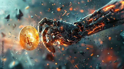 A robot hand shattering a Bitcoin coin into pieces photo