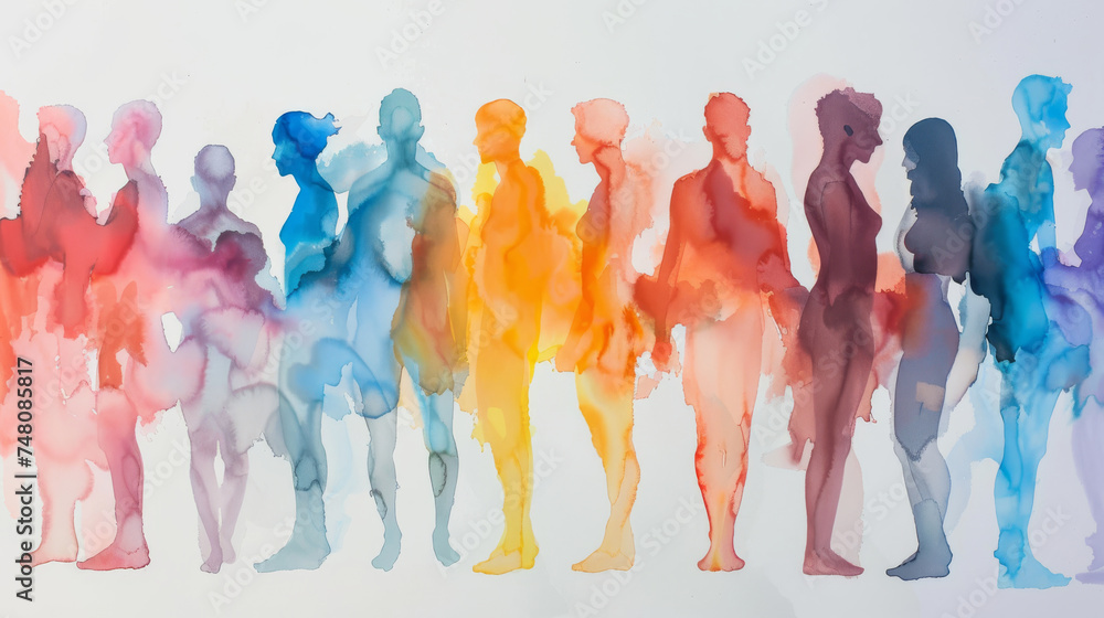 Obraz premium watercolor painting featuring silhouettes of people in a spectrum of multicolored hues against a pristine white background.