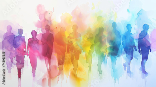 watercolor painting featuring silhouettes of people in a spectrum of multicolored hues against a pristine white background.