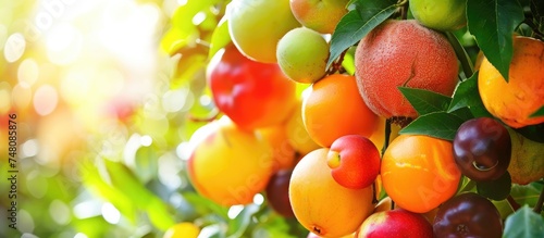 A cluster of ripe fruits, including apples, oranges, and pears, hanging from the branches of a lush, fruitful tree. photo
