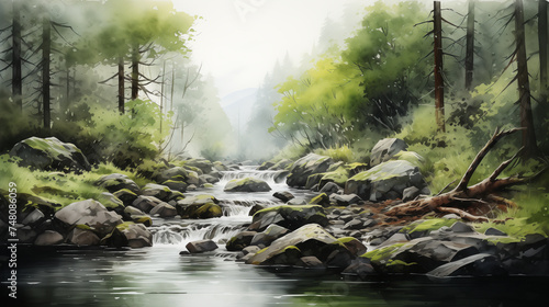 A serene watercolor painting of a tranquil river flowing through a dense  mossy forest. Watercolor painting illustration.