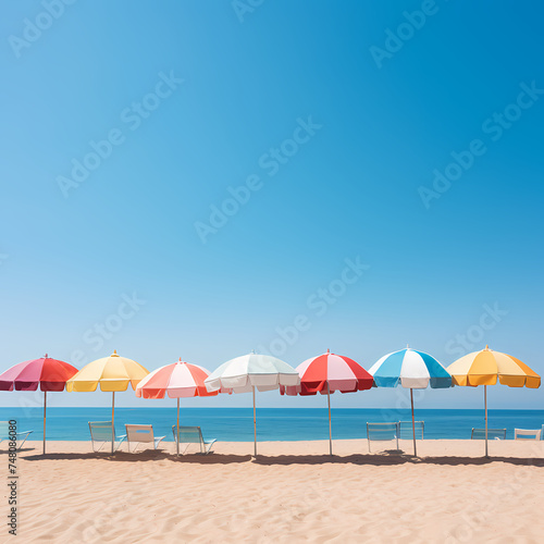 A row of colorful beach umbrellas against a blue sky