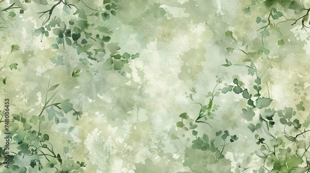 wallpaper design of abstract watercolor in shades of green, featuring whimsical plants and flowers