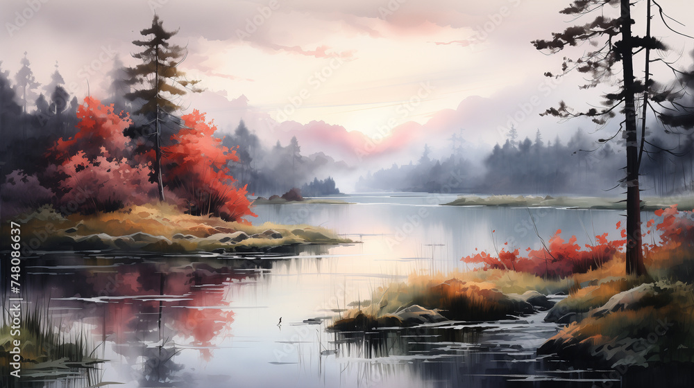 Warm hues from a misty autumn sunrise blanket a serene mountain lake, encircled by a dense forest of pine trees, creating a tranquil scene. Watercolor painting illustration.