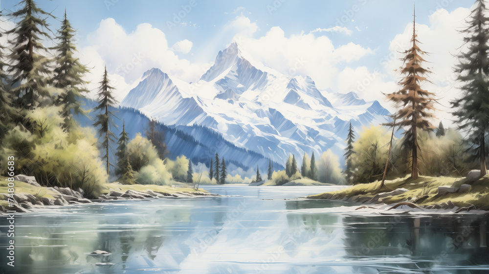 A captivating watercolor scene of a serene lake nestled in the embrace of towering, snow-capped peaks. Watercolor painting illustration.