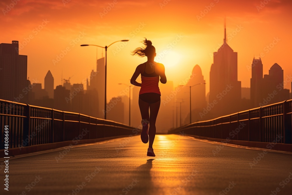 young woman jogging in the city at sunset