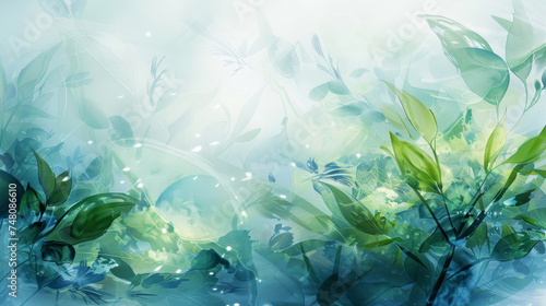 wallpaper design of abstract watercolor in shades of green, featuring whimsical plants and flowers