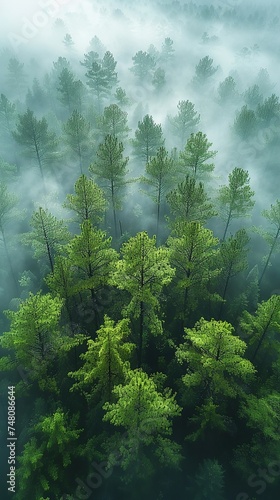 Forest in the fog  top view. Background. Created with Generative AI