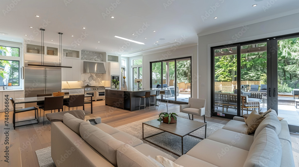 Fototapeta premium Minimalist interior with an open floor plan combining