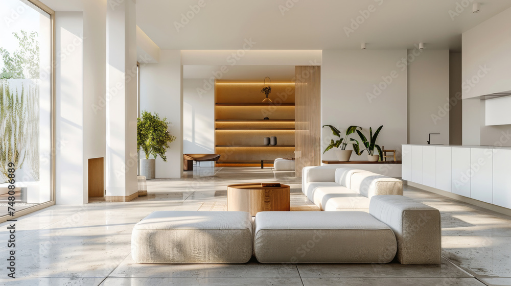Minimalist interior with an open floor plan combining Minimalist interior with an open floor plan combining