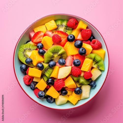 Salad Healthy Fresh on plate  on pink background. Vegetarian fruit salad with greens. Vegan mixed meal for restaurant  menu  advert or package  close up. Top view