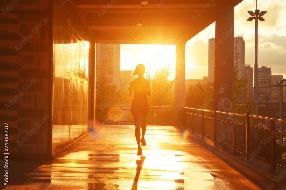 young woman jogging in the city at sunset