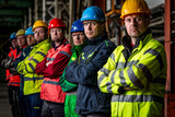 Team of Engineers in Industrial Setting. Confident engineering team in safety gear standing in a manufacturing facility.