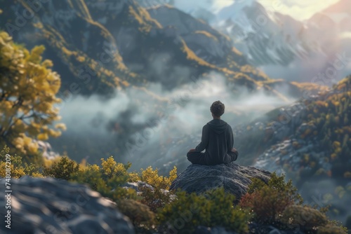 A person engages in mindful practices, surrounded by breathtaking natural beauty in a serene mountain retreat. The fusion of spirituality and nature, influence on achieving mental balance.
