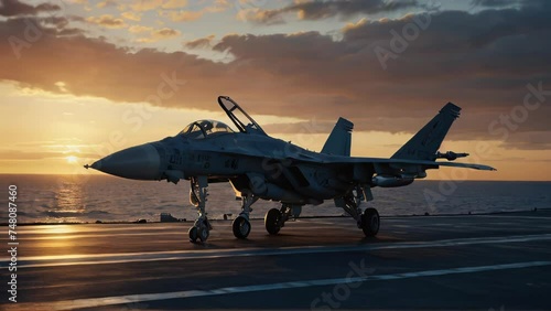 Jet fighter on an aircraft carrier at sunset photo