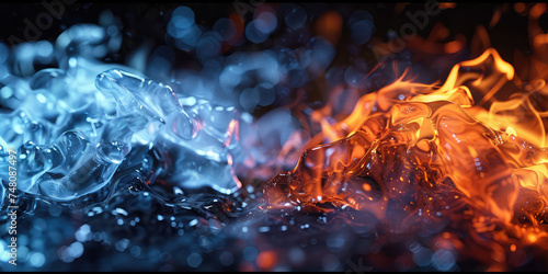 Fire and Ice Abstract Concept background. Vivid clash of fire and water ice in a dynamic closeup, wallpaper with copy space.