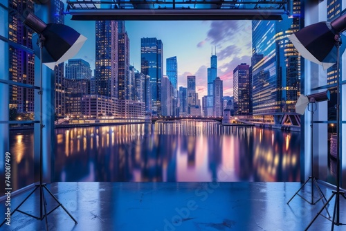 A studio setup with backdrop designed for professional photoshoots. The photo backdrop features a cityscape at dusk, with twinkling lights, skyscrapers, and reflections on a tranquil river.