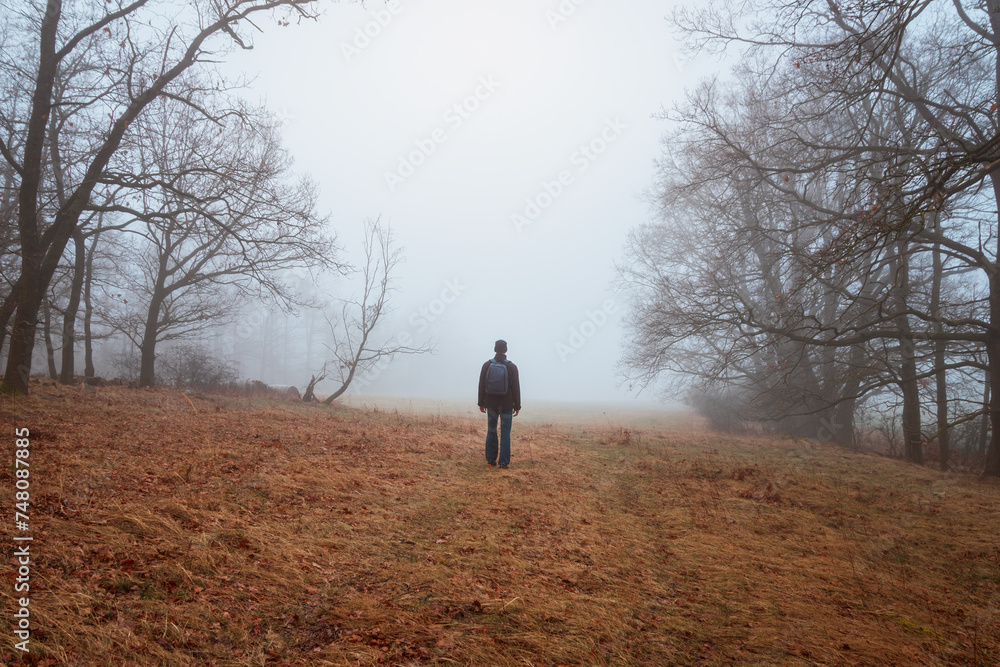 Young man in jacket and trousers with bacpack walking on forest path in morning fog. Czech landscape, travel, relax concept Young man in jacket and trousers with bacpack walking on forest path in morning fog. Czech landscape, travel, relax concept