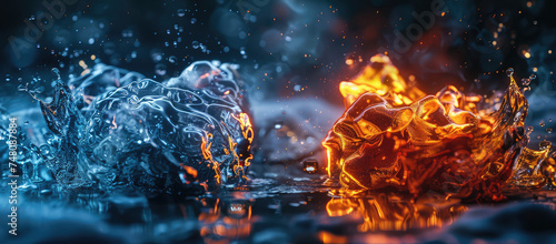 Fire and Ice Abstract Concept background. Vivid clash of fire and water ice in a dynamic closeup, wallpaper with copy space. © dinastya