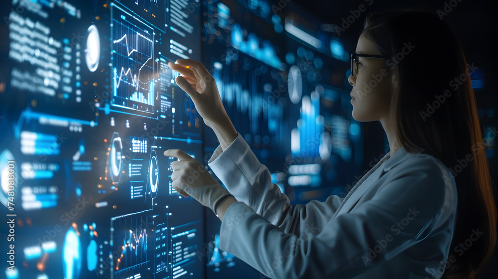 Fototapeta premium Businesswoman using holographic technology to analyze data projections in a high-tech workspace