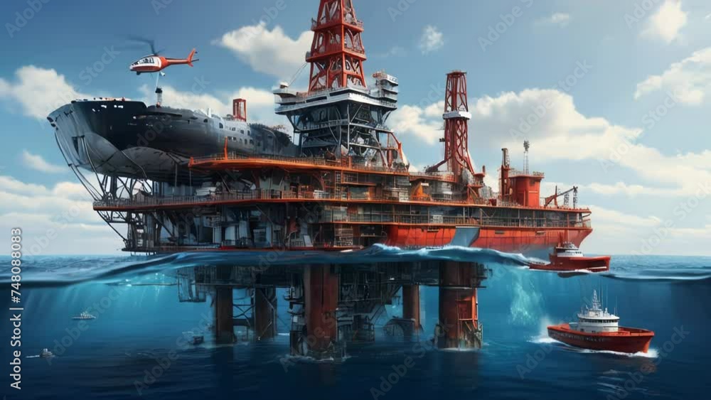 Off-shore oil rig surrounded by sailing fireboat and flying helicopter ...