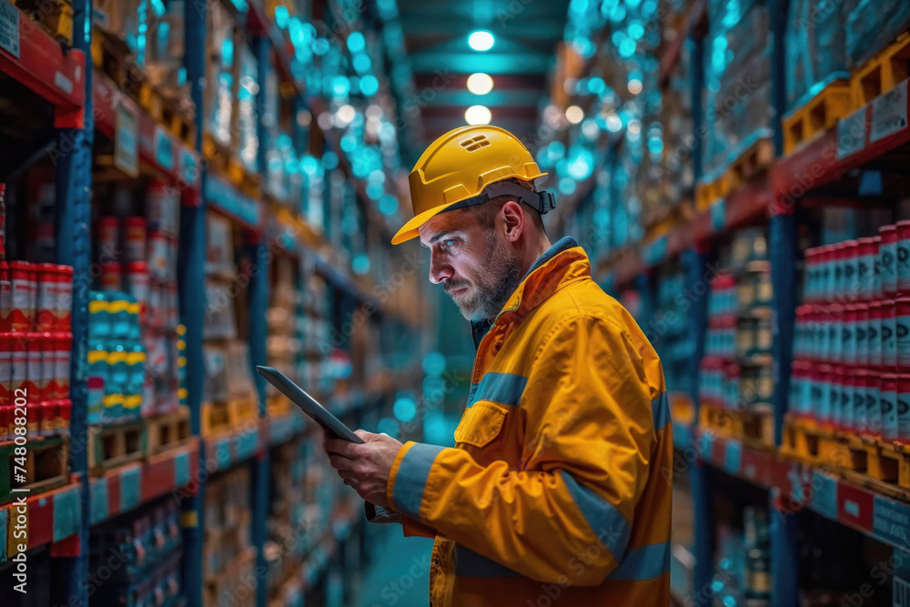 Man in yellow hard hat and high-visibility jacket using a tablet in a warehouse