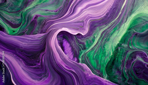 Abstract bright purple painting with green accents. Art with liquid fluid grunge texture.