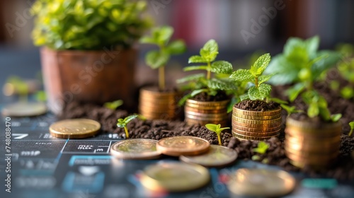 tree sprout growing out from coin stack, business or investment profit growth symbolized, income and passive income, Generative Ai