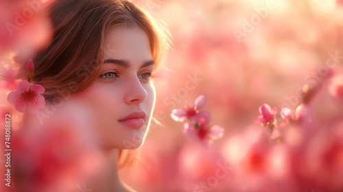pretty woman walking in pink flower blossoming field, spring background, Generative Ai