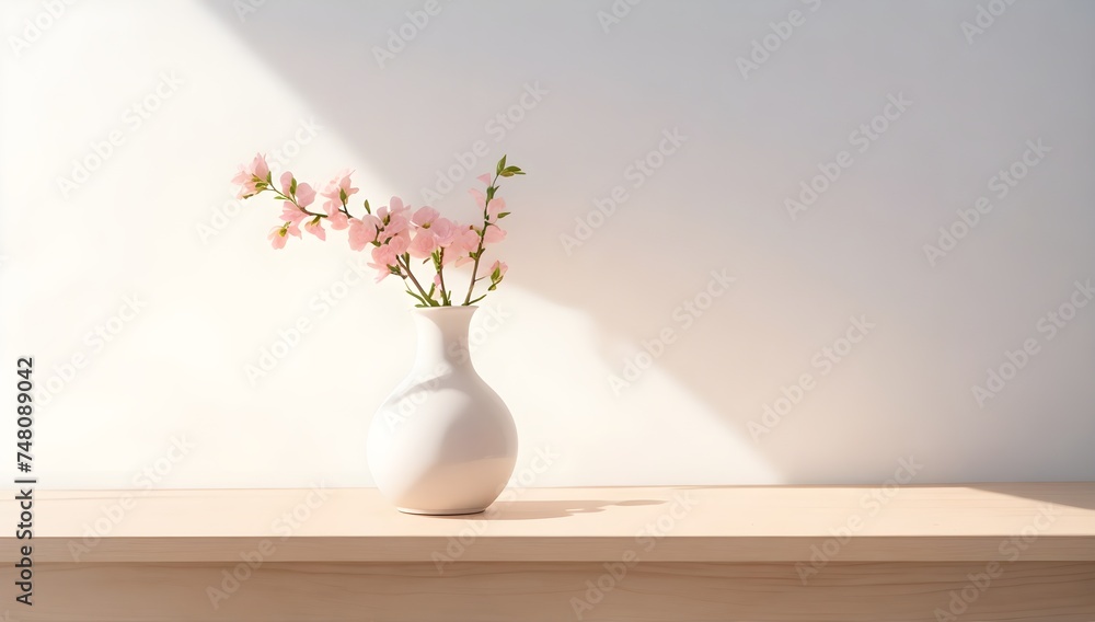 Pink Orchid in a White Vase on a White Countertop Against a White Wall