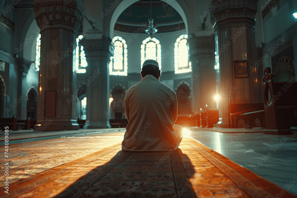 close up back view man praying in islamic mosque. ramadan kareem holiday celebration concept close up back view man praying in islamic mosque. ramadan kareem holiday celebration concept