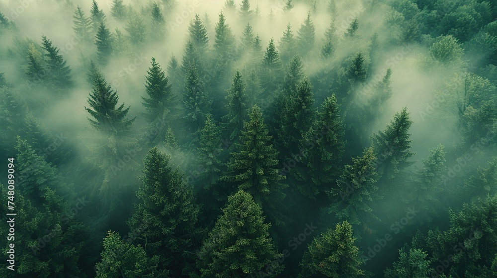 Forest in the fog, top view. Background. Created with Generative AI