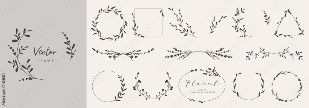 Collection of floral frames with silhouettes of branches, leaves and flowers. Hand drawn elegant delicate botanical borders and wreaths. Vector isolated elements for wedding invitation, card, logo