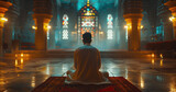 close up back view man praying in islamic mosque. ramadan kareem holiday celebration concept