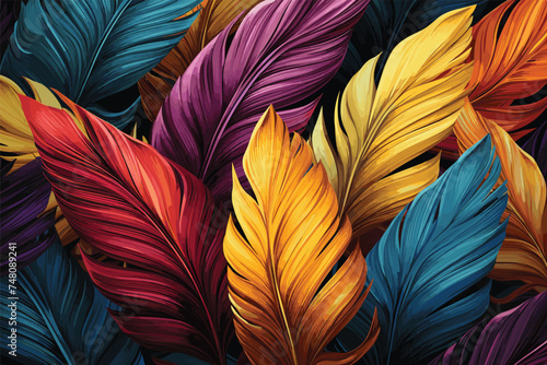 Pattern feathers vintage design style beautiful colorful background A painting of blue, orange and red colored feathers © Tanjil Hasnat