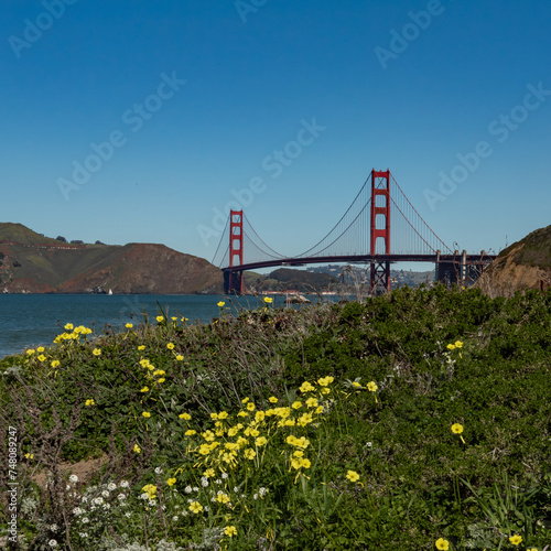 Panoramic view of the Golden Gate Bridge viewed from Baker beach on a mostly blue sky day copy space © AlessandraRC
