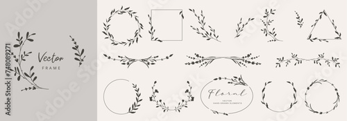 Collection of floral frames with silhouettes of branches, leaves and flowers. Hand drawn elegant delicate botanical borders and wreaths. Vector isolated elements for wedding invitation, card, logo photo