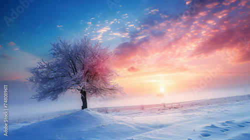 Lonely tree on a winter background with a beautif.