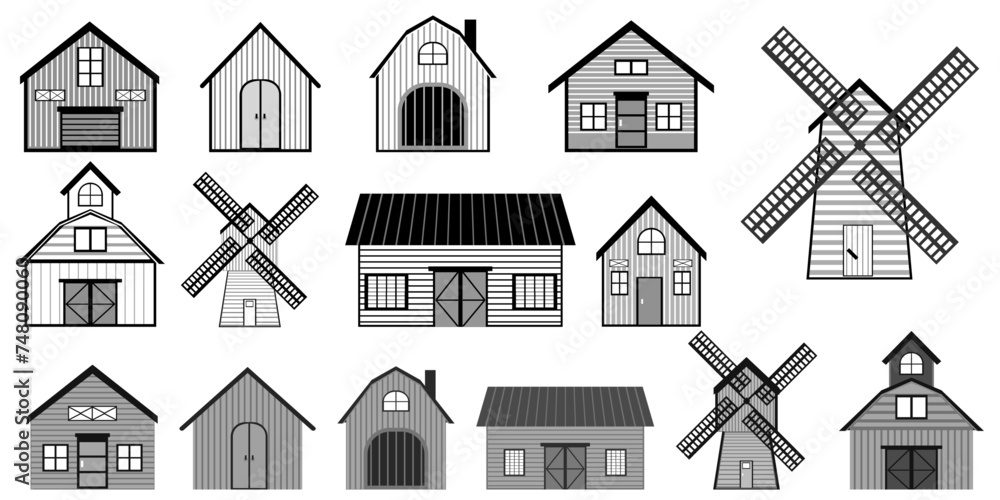 Collection of rural house and farm buildings, grey, black and white colors. Vector illustration	
