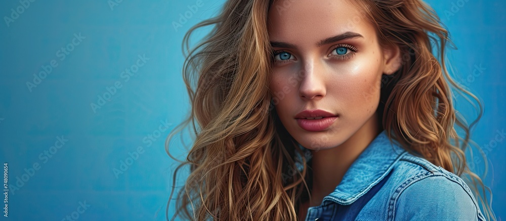 A woman with striking blue eyes and flowing long hair is depicted in ...