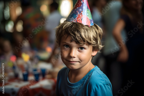 Blonde boy on his birthday with a birthday hat