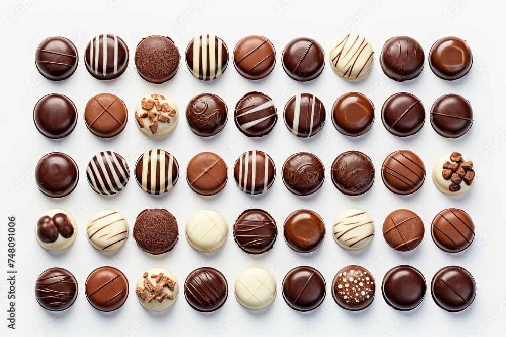 Assorted collection of chocolate candies displayed on a white background, showcasing a variety of flavors and shapes. Assorted collection of chocolate candies displayed on a white background, showcasing a variety of flavors and shapes.