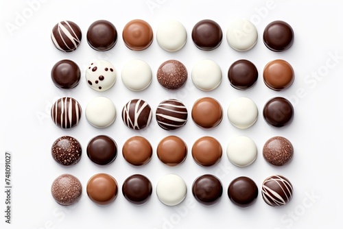 Assorted collection of chocolate candies displayed on a white background, showcasing a variety of flavors and shapes.