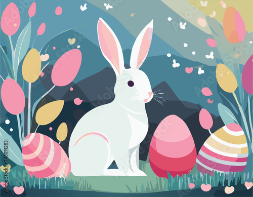 Coelho de Páscoa fofinho em um cenário colorido e com ovos de Páscoa | Cute Easter bunny in a colorful setting with Easter eggs photo